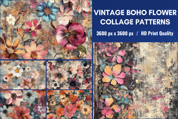 Download Vintage Boho Flower Collage Pattern - Boho flower Collection