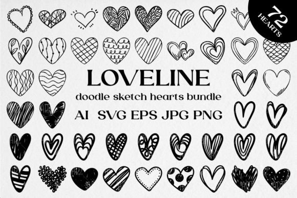 Download LOVELINE, Doodle Sketch Hearts Bundle - Love Collection