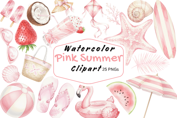 Download Watercolor Pink Summer Beach Clipart - Ink Collection