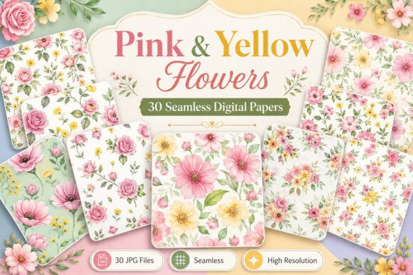 Download Pink &amp; Yellow Flowers Digital Pattern - Ink Collection