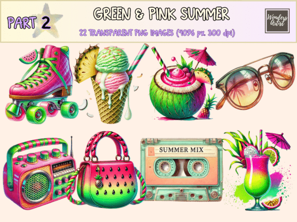 Download Green &amp; Pink Summer P2 Clipart - Ink Collection