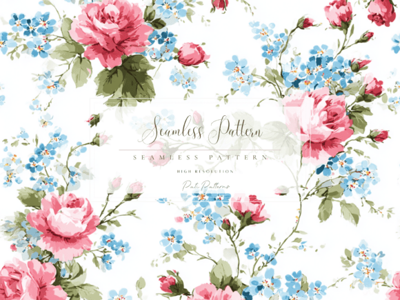 Download Vintage Pink Roses and Blue Forget-Me-Not Seamless Floral Pattern PNG - Ink Collection