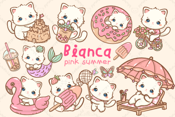 Download Kawaii White Cat Pink Summer Clipart - Ink Collection